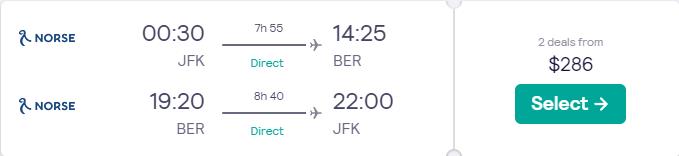 Click here to book this cheap flight deal. Non-stop flights from New York to Berlin, Germany for only $286 roundtrip. Flight deal ticket image.