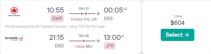 Cheap flights from New York to Dakar, Senegal for only $604 roundtrip with Air Canada, TAP Air Portugal and Brussels Airlines. Flight deal ticket image.