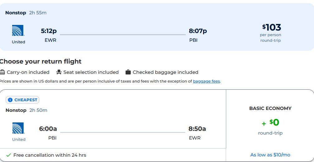 Nonstop flights from New York to West Palm Beach, Florida for just $103 roundtrip with United Airlines.  Also works in reverse.  Image of flight offer ticket.