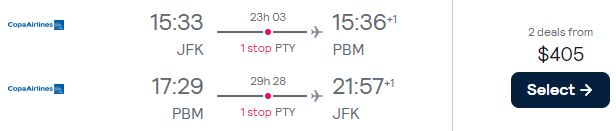 Cheap flights from New York to Paramaribo, Suriname for only $405 roundtrip with Copa Airlines. Flight deal ticket image.
