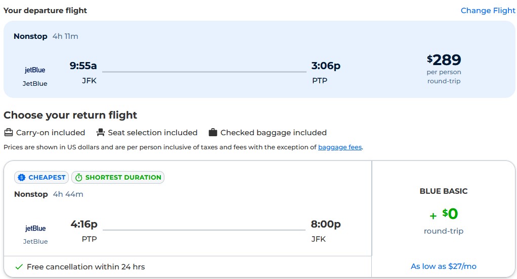 Nonstop flights from New York to Guadeloupe for just $289 roundtrip with JetBlue.  Image of flight offer ticket.