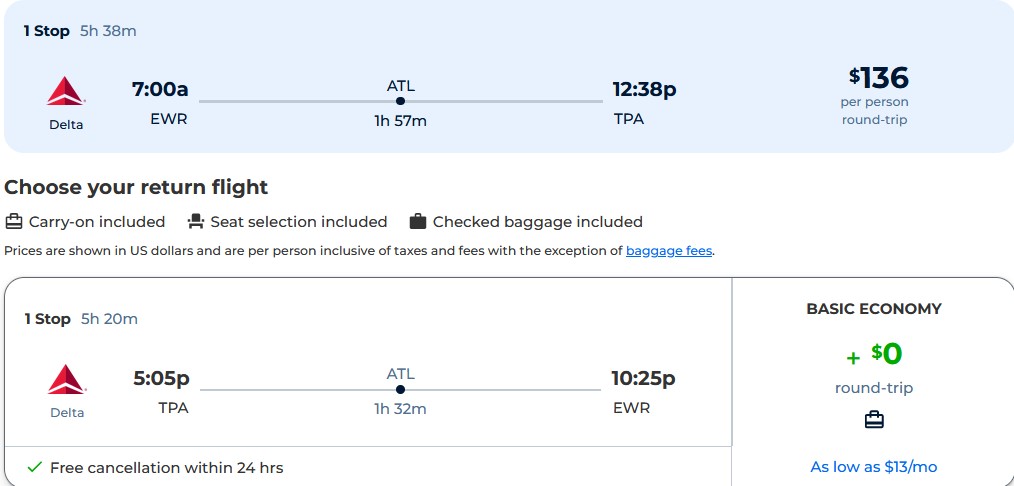 Cheap flights from New York to Tampa, Florida for only $136 roundtrip with Delta Air Lines. Also works in reverse. Flight deal ticket image.