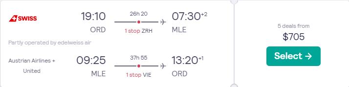 Click here to book this cheap flight deal. Cheap flights from Chicago to the Maldives for only $705 roundtrip with Swiss International Air Lines and Austrian Airlines. Flight deal ticket image.