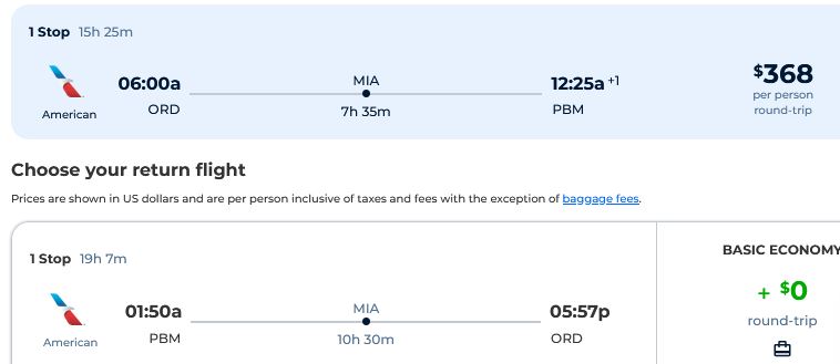 Cheap flights from Chicago to Paramaribo, Suriname for just $368 round trip with American Airlines.  Image of flight offer ticket.