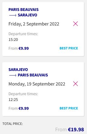 Click here to book this cheap flight deal. Non-stop flights from Paris, France to Sarajevo, Bosnia and Herzegovina for only €19 roundtrip. Flight deal ticket image.