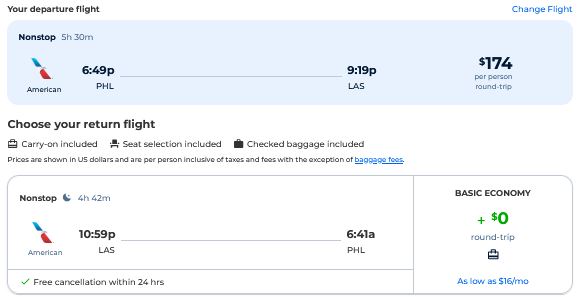 Nonstop flights from Philadelphia to Las Vegas for just $174 roundtrip with American Airlines.  Also works in reverse.  Image of flight offer ticket.