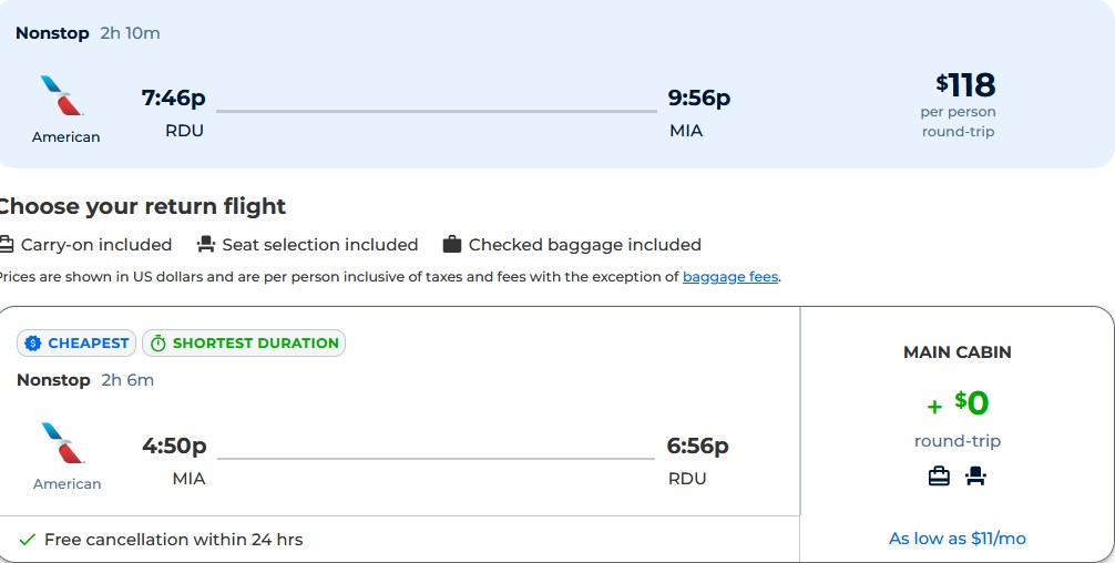 Non-stop flights from Raleigh, North Carolina to Miami for only $118 roundtrip with American Airlines. Also works in reverse. Flight deal ticket image.