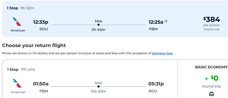 Cheap flights from Raleigh, North Carolina to Paramaribo, Suriname for only $384 roundtrip with American Airlines. Flight deal ticket image.
