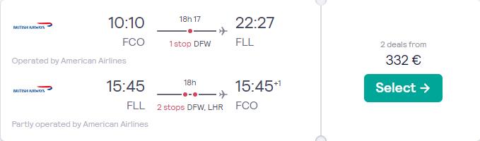 Cheap flights from Rome, Italy to Fort Lauderdale, USA for only €332 roundtrip with American Airlines and British Airways. Flight deal ticket image.