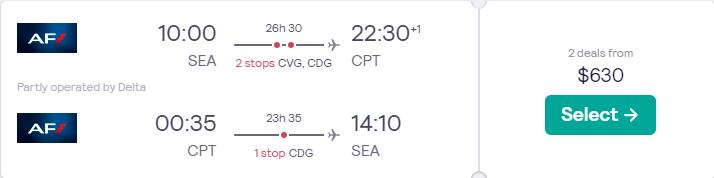 Cheap flights from Seattle to Cape Town, South Africa for only $630 roundtrip with Delta Air Lines and Air France. Flight deal ticket image.