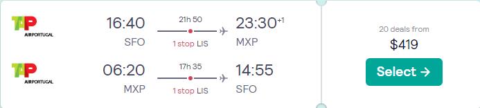 Cheap flights from San Francisco to Milan or Rome, Italy from only $419 roundtrip with TAP Air Portugal. Flight deal ticket image.