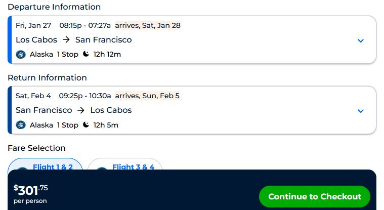 Cheapp flights from San Jose del Cabo, Mexico to San Francisco, USA for only $301 USD roundtrip with Alaska Airlines. Flight deal ticket image.