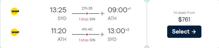 Cheap flights from Sydney, Australia to Athens, Greece for only $761 AUD roundtrip. Flight deal ticket image.