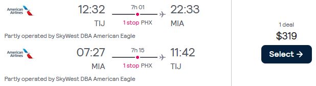 Cheap flights from Tijuana, Mexico to Miami, USA for only $319 USD roundtrip with American Airlines. Flight deal ticket image.