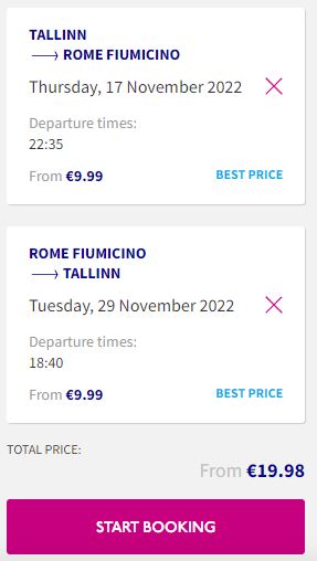 Non-stop flights from Tallinn, Estonia to Rome, Italy for only €19 roundtrip. Flight deal ticket image.