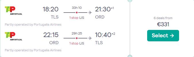 Cheap flights from Toulouse, France to Chicago, USA for only €331 roundtrip with TAP Air Portugal. Flight deal ticket image.