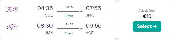 Click here to book this cheap flight deal. Non-stop flights from Venice, Italy to the Greek island of Mykonos for only €18 roundtrip. Flight deal ticket image.
