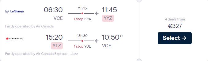 Cheap flights from Venice, Italy to Toronto, Canada for only €327 roundtrip with Lufthansa and Air Canada. Flight deal ticket image.