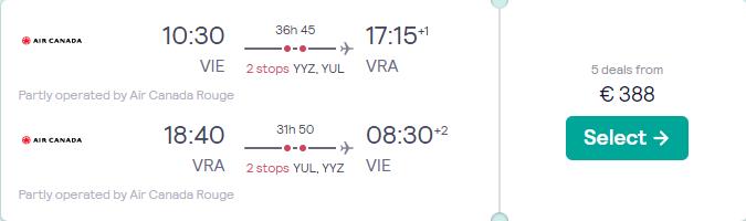 Cheap flights from Vienna, Austria to Varadero, Cuba for only €388 roundtrip with Air Canada. Flight deal ticket image.
