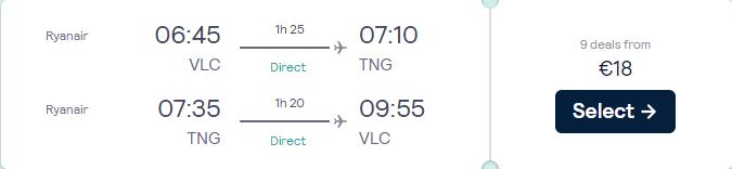 Non-stop flights from Valencia, Spain to Tangier, Morocco for only €18 roundtrip. Flight deal ticket image.