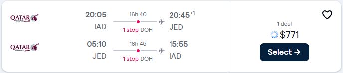 Follow in the footsteps of US President Donald Trump by travelling from Washington DC to Jeddah, Saudi Arabia for only $771 roundtrip. Flight deal ticket image.