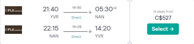 Non-stop flights from Vancouver, Canada to Fiji for only $527 CAD roundtrip with Fiji Airways. Flight deal ticket image.