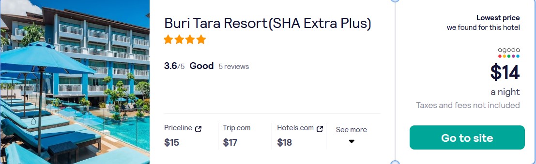 Stay at the 4* Buri Tara Resort(SHA Extra Plus) in Krabi, Thailand for only $14 USD per night. Flight deal ticket image.