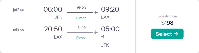 Nonstop flights from New York to Los Angeles for just $198 roundtrip with JetBlue.  It also works the other way around.  Flight offer ticket image.
