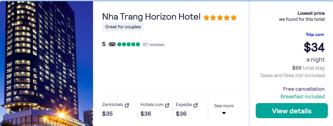 Click here to book this cheap flight deal. Stay at the 5* Nha Trang Horizon Hotel in Nha Trang, Vietnam for only $34 USD per night. Flight deal ticket image.