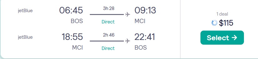 Non-stop flights from Boston to Kansas City for only $115 roundtrip with JetBlue. Also works in reverse. Flight deal ticket image.