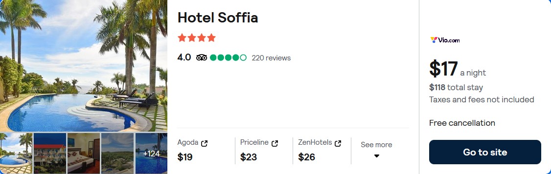 Click here to book this cheap flight deal. Stay at the 4* Hotel Soffia in Boracay, Philippines for only $17 USD per night. Flight deal ticket image.