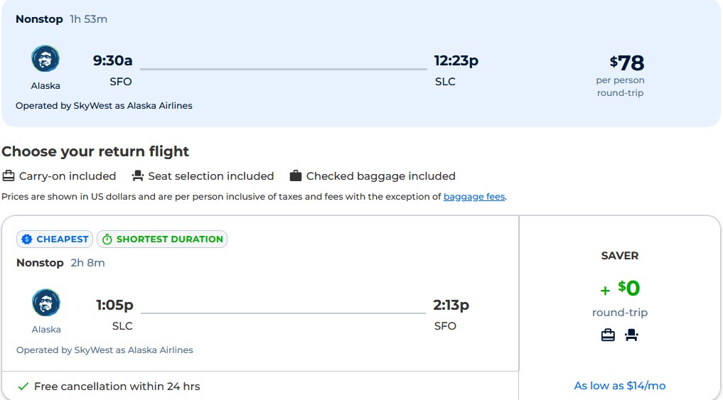 Nonstop flights from San Francisco to Salt Lake City, Utah for just $78 roundtrip with Alaska Airlines.  Also works in reverse.  Image of flight offer ticket.