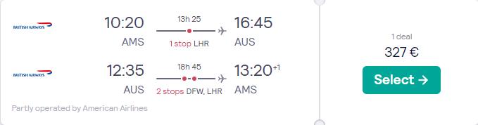 Cheap flights from Amsterdam, Netherlands to Austin, Texas for only €326 roundtrip with British Airways and American Airlines. Flight deal ticket image.