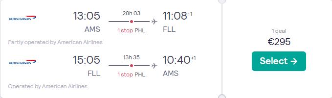 Click here to book this cheap flight deal. Cheap flights from Amsterdam, Netherlands to Fort Lauderdale, USA for only €295 roundtrip with American Airlines and British Airways. Flight deal ticket image.