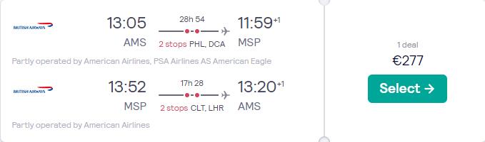 Cheap flights from Amsterdam, Netherlands to Minneapolis, USA for only €277 roundtrip with American Airlines and British Airways. Flight deal ticket image.