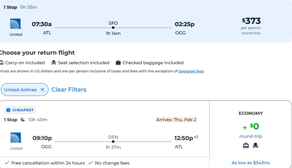 Cheap flights from Atlanta to Kahului, Hawaii for only $373 roundtrip with United Airlines. Also works in reverse. Flight deal ticket image.