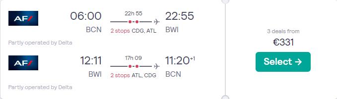 Cheap flights from Barcelona, Spain to Baltimore, USA for only €331 roundtrip with Delta Air Lines and Air France. Flight deal ticket image.