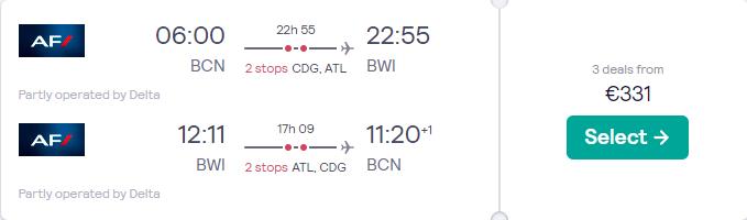 Click here to book this cheap flight deal. Cheap flights from Barcelona, Spain to Baltimore, USA for only €331 roundtrip with Delta Air Lines and Air France. Flight deal ticket image.