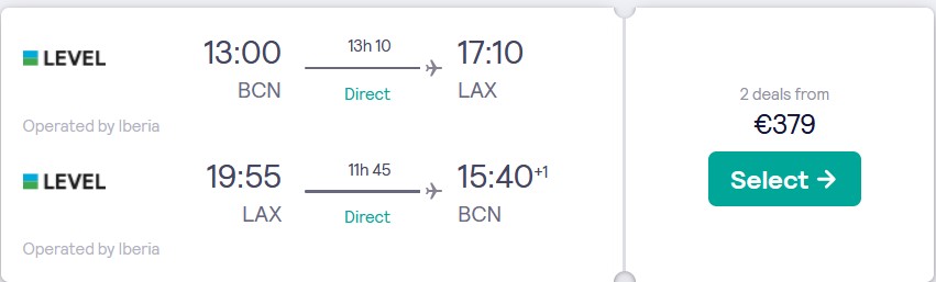 Non-stop flights from Barcelona, ​​Spain to Los Angeles, USA for just €379 return with Iberia.  Image of flight offer ticket.