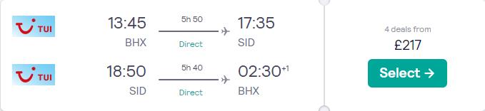 Non-stop flights from Birmingham, UK to Sal, Cape Verde for only £217 roundtrip. Flight deal ticket image.