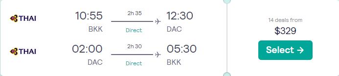 Nonstop flights from Bangkok, Thailand to Dhaka, Bangladesh for just US$329 roundtrip with Thai Airways.  Image of flight offer ticket.
