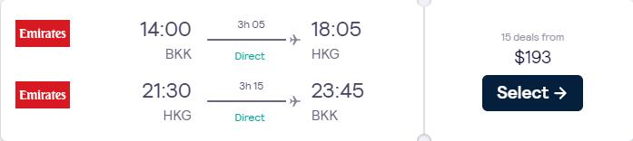 Non-stop flights from Bangkok, Thailand to Hong Kong for only $189 USD roundtrip with Emirates. Flight deal ticket image.