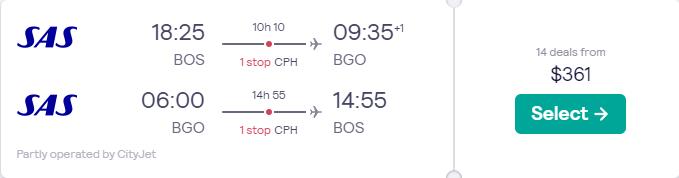 Cheap flights from Boston to Bergen or Oslo, Norway from only $361 roundtrip with Scandinavian Airlines. Flight deal ticket image.