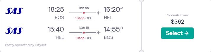 Cheap flights from Boston to Helsinki, Finland for just $362 round trip with Scandinavian Airlines.  Image of flight offer ticket.
