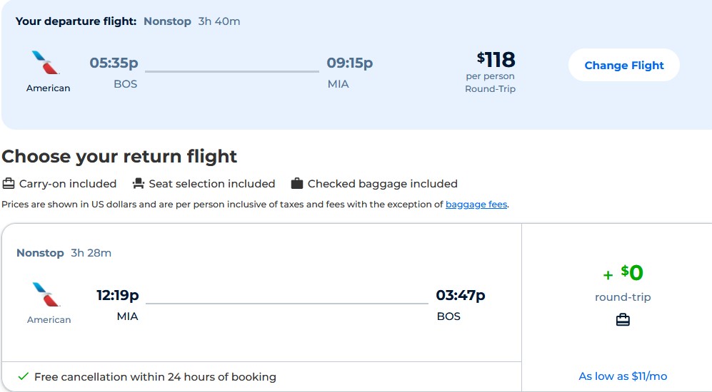 Nonstop flights from Boston to Miami for just $118 roundtrip with American Airlines.  It also works the other way around.  Flight offer ticket image.