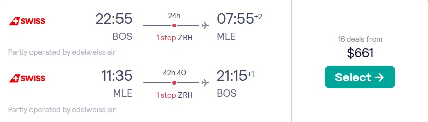 Cheap flights from Boston or New York to the Maldives from only $661 roundtrip with Swiss International Air Lines. Flight deal ticket image.