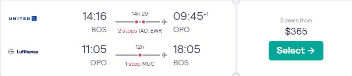 Cheap flights from Boston to Porto, Portugal for just $365 round trip with United Airlines and Lufthansa.  Image of flight offer ticket.