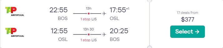Cheap flights from Boston to Oslo, Norway for only $377 roundtrip with TAP Air Portugal. Flight deal ticket image.