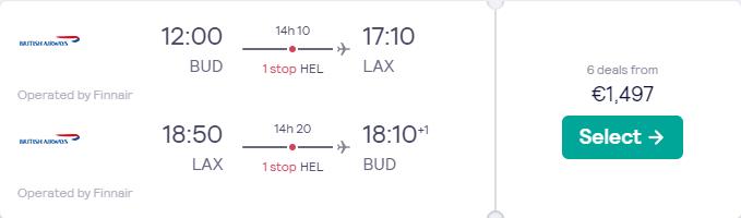 Business Class, summer flights from Budapest, Hungary to Los Angeles, USA for only €1497 roundtrip with Finnair. Flight deal ticket image.