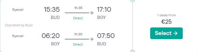 Non-stop flights from Budapest, Hungary to Milan, Italy for just €25 return.  Image of flight offer ticket.